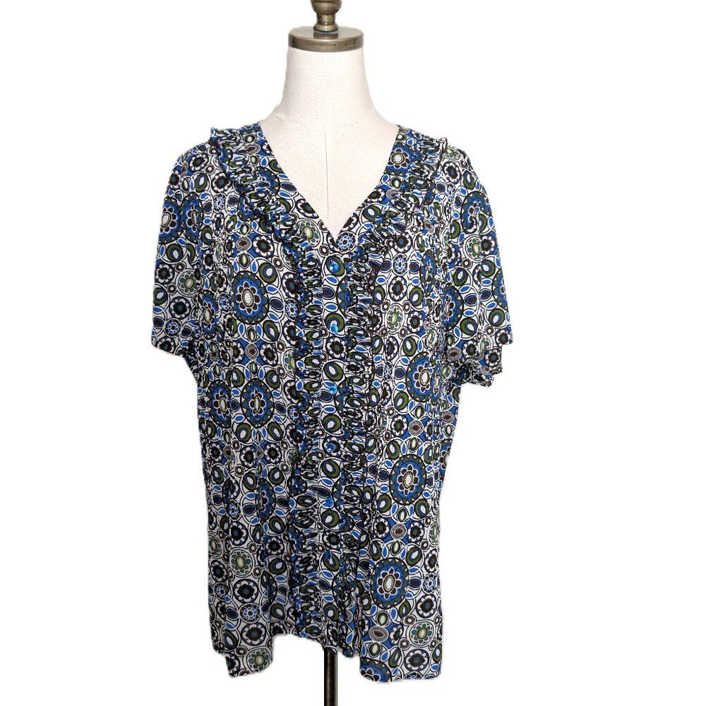 Fred David Button Up Ruffle Crinkle Blouse Plus Size 22/24 Blue Green Geometric